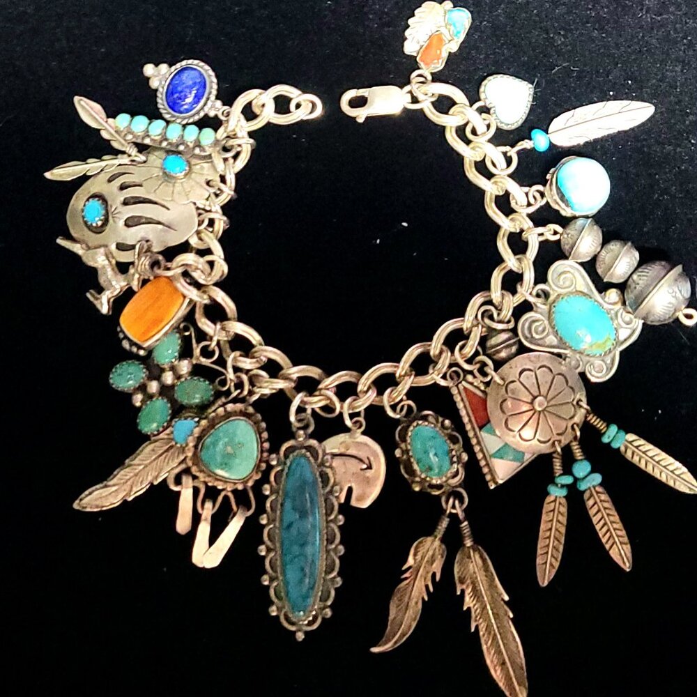 NAVAJO, HOPI, ZUNI & PAWN Turquoise Spiny Oyster, Lapis, Coral CHARM BRACELET